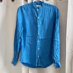 Grand Greece Mens Blue 100% Linen Band Collar Button Down Shirt Medium 19752